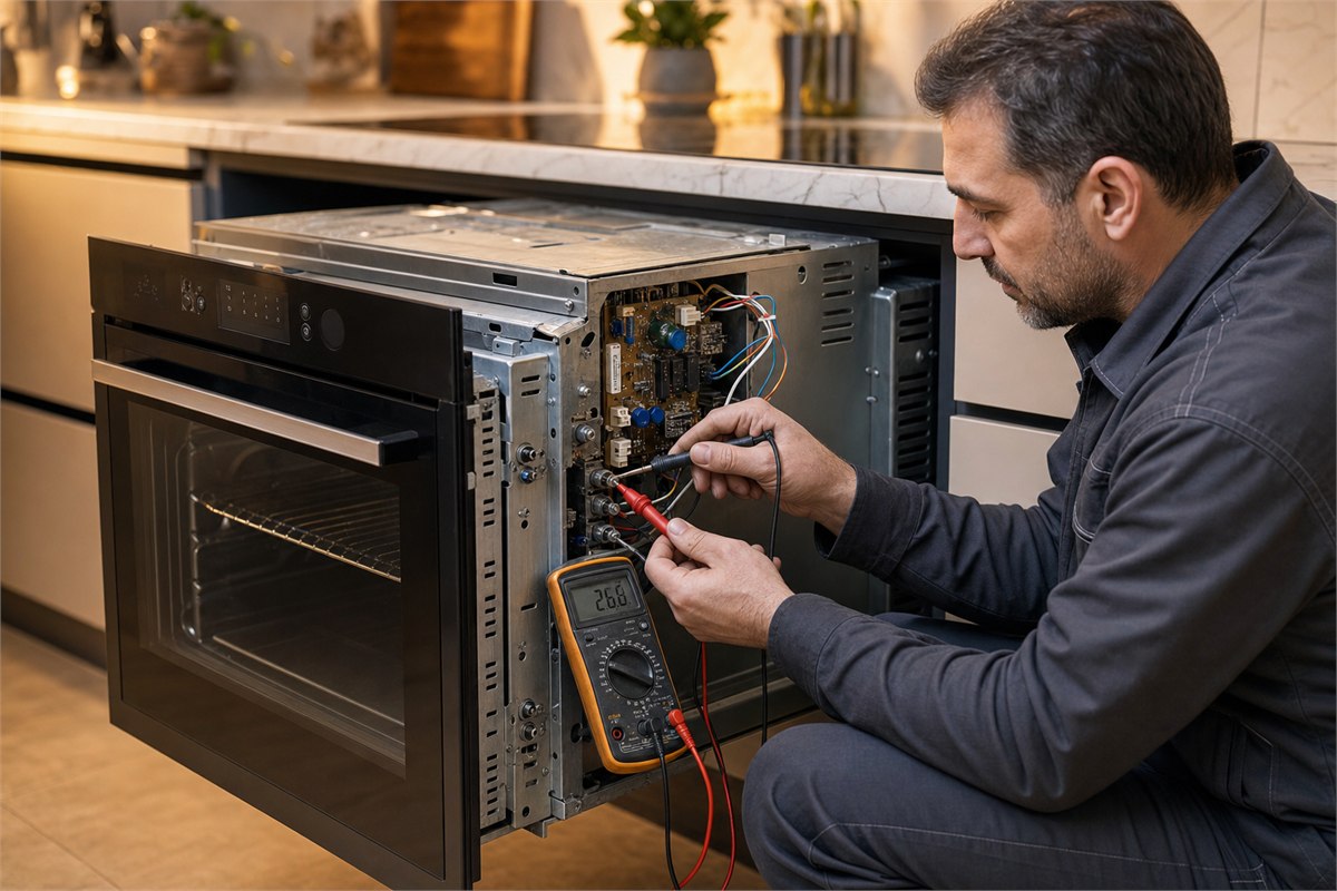 Ankastre fırın tamiri — elektronik kart üzerinde multimetre ölçümü